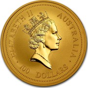 Australia 100 Dollars Lunar Rat 1996 KM# 300 ELIZABETH II AUSTRALIA 100 DOLLARS RDM coin obverse Australia 100 Dollars Lunar Rat 1996 KM# 300 ELIZABETH II AUSTRALIA 100 DOLLARS RDM coin obverse