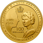 Australia 100 Dollars Queen's 50th Anniversary of Accession 2002 KM# 646 ACCESSION OF ELIZABETH II 50TH ANNIVERSARY 1952 -2002 100 DOLLARS EIIR GVI+ coin reverse Australia 100 Dollars Queen's 50th Anniversary of Accession 2002 KM# 646 ACCESSION OF ELIZABETH II 50TH ANNIVERSARY 1952 -2002 100 DOLLARS EIIR GVI+ coin reverse