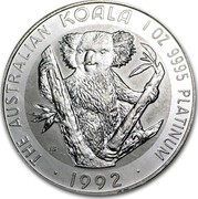 Australia 100 Dollars The Australian Koala 1992 KM# 174 THE AUSTRALIAN KOALA 1 OZ 9995 PLATINUM 1992 JB coin reverse Australia 100 Dollars The Australian Koala 1992 KM# 174 THE AUSTRALIAN KOALA 1 OZ 9995 PLATINUM 1992 JB coin reverse