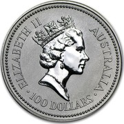 Australia 100 Dollars The Australian Koala 1993 KM# 195 ELIZABETH II AUSTRALIA 100 DOLLARS RDM coin obverse Australia 100 Dollars The Australian Koala 1993 KM# 195 ELIZABETH II AUSTRALIA 100 DOLLARS RDM coin obverse