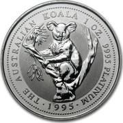 Australia 100 Dollars The Australian Koala 1995 KM# 282 THE AUSTRALIAN KOALA 1 OZ. 9995 PLATINUM 1995 LP coin reverse Australia 100 Dollars The Australian Koala 1995 KM# 282 THE AUSTRALIAN KOALA 1 OZ. 9995 PLATINUM 1995 LP coin reverse