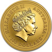 Australia 100 Dollars The Australian Nugget 2002 KM# 693 ELIZABETH II AUSTRALIA 100 DOLLARS IRB coin obverse Australia 100 Dollars The Australian Nugget 2002 KM# 693 ELIZABETH II AUSTRALIA 100 DOLLARS IRB coin obverse