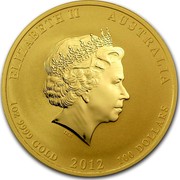Australia 100 Dollars Year of the Dragon 2012 KM# 1674 ELIZABETH II AUSTRALIA 1 OZ 9999 GOLD 2012 100 DOLLARS IRB coin obverse Australia 100 Dollars Year of the Dragon 2012 KM# 1674 ELIZABETH II AUSTRALIA 1 OZ 9999 GOLD 2012 100 DOLLARS IRB coin obverse