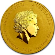 Australia 100 Dollars Year of the Horse 2014 KM# 2105 ELIZABETH II AUSTRALIA 1 OZ 9999 GOLD 2014 100 DOLLARS IRB coin obverse Australia 100 Dollars Year of the Horse 2014 KM# 2105 ELIZABETH II AUSTRALIA 1 OZ 9999 GOLD 2014 100 DOLLARS IRB coin obverse