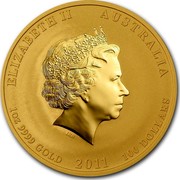 Australia 100 Dollars Year of the Rabbit 2011 KM# 1485 ELIZABETH II AUSTRALIA 1 OZ 9999 GOLD 2011 100 DOLLARS IRB coin obverse Australia 100 Dollars Year of the Rabbit 2011 KM# 1485 ELIZABETH II AUSTRALIA 1 OZ 9999 GOLD 2011 100 DOLLARS IRB coin obverse