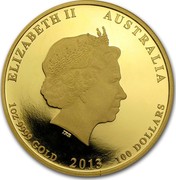 Australia 100 Dollars Year of the Snake 2013 KM# 1973 ELIZABETH II AUSTRALIA 1 OZ 9999 GOLD 2013 100 DOLLARS IRB coin obverse Australia 100 Dollars Year of the Snake 2013 KM# 1973 ELIZABETH II AUSTRALIA 1 OZ 9999 GOLD 2013 100 DOLLARS IRB coin obverse