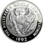 Australia 10000 Dollars (Koala) KM# 159 THE AUSTRALIAN KOALA 1 KILO. 9995 PLATINUM JB 1992 coin reverse