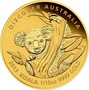 Australia 15 Dollars Koala Seated in Tree 2013 P Proof KM# 2056 DISCOVER AUSTRALIA 2013 KOALA 1/10 OZ 9999 GOLD coin reverse Australia 15 Dollars Koala Seated in Tree 2013 P Proof KM# 2056 DISCOVER AUSTRALIA 2013 KOALA 1/10 OZ 9999 GOLD coin reverse