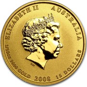 Australia 15 Dollars Year of the Mouse 2008 KM# 1890 ELIZABETH II AUSTRALIA 1/10 OZ 9999 GOLD 2008 15 DOLLARS IRB coin obverse Australia 15 Dollars Year of the Mouse 2008 KM# 1890 ELIZABETH II AUSTRALIA 1/10 OZ 9999 GOLD 2008 15 DOLLARS IRB coin obverse
