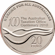 Australia 20 Cents 100th Anniversary of the Taxation Office 2010 KM# 1513 WORKING FOR ALL AUSTRALIANS 100 THE AUSTRALIAN TAXATION OFFICE CENTENARY 2010 20 CENTS coin reverse Australia 20 Cents 100th Anniversary of the Taxation Office 2010 KM# 1513 WORKING FOR ALL AUSTRALIANS 100 THE AUSTRALIAN TAXATION OFFICE CENTENARY 2010 20 CENTS coin reverse