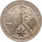Australia 20 Cents (Centenary of Federation - Australian Capital Territory) KM# 552 CELEBRATING THE AUSTRALIAN CENTENARY OF FEDERATION 20 CENTS SJP 1901 TO 2001 coin reverse Australia 20 Cents (Centenary of Federation - Australian Capital Territory) KM# 552 CELEBRATING THE AUSTRALIAN CENTENARY OF FEDERATION 20 CENTS SJP 1901 TO 2001 coin reverse