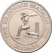 Australia 20 Cents Sir Donald Bradman 2001 KM# 589 1908 SIR DONALD BRADMAN 2001 20 CENTS coin reverse Australia 20 Cents Sir Donald Bradman 2001 KM# 589 1908 SIR DONALD BRADMAN 2001 20 CENTS coin reverse