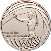 Australia 20 Cents (Year of the Surf Lifesaver) KM# 820 YEAR OF THE SURF LIFESAVER 20 coin reverse