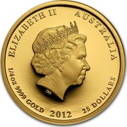 Australia 25 Dollars Year of the Dragon 2012 KM# 1672 ELIZABETH II AUSTRALIA 1/4 OZ 9999 GOLD 2012 25 DOLLARS IRB coin obverse Australia 25 Dollars Year of the Dragon 2012 KM# 1672 ELIZABETH II AUSTRALIA 1/4 OZ 9999 GOLD 2012 25 DOLLARS IRB coin obverse