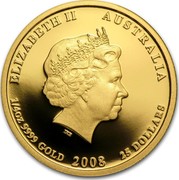 Australia 25 Dollars Year of the Mouse 2008 KM# 1894 ELIZABETH II AUSTRALIA 1/4 OZ 9999 GOLD 2008 25 DOLLARS IRB coin obverse Australia 25 Dollars Year of the Mouse 2008 KM# 1894 ELIZABETH II AUSTRALIA 1/4 OZ 9999 GOLD 2008 25 DOLLARS IRB coin obverse