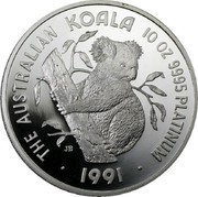 Australia 2500 Dollars (Koala) KM# 158 THE AUSTRALIAN KOALA 10 OZ 9995 PLATINUM JB P 1991 coin reverse Australia 2500 Dollars (Koala) KM# 158 THE AUSTRALIAN KOALA 10 OZ 9995 PLATINUM JB P 1991 coin reverse