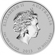 Australia 30 Dollars Year of the Snake (Colorized) 2013 KM# 1834a ELIZABETH II AUSTRALIA 1 KG 999 SILVER 2013 30 DOLLARS IRB coin obverse Australia 30 Dollars Year of the Snake (Colorized) 2013 KM# 1834a ELIZABETH II AUSTRALIA 1 KG 999 SILVER 2013 30 DOLLARS IRB coin obverse