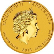 Australia 3000 Dollars Year of the Snake 2013 Prooflike KM# 1975 ELIZABETH II AUSTRALIA 1 KG 9999 GOLD 2013 3000 DOLLARS IRB coin obverse Australia 3000 Dollars Year of the Snake 2013 Prooflike KM# 1975 ELIZABETH II AUSTRALIA 1 KG 9999 GOLD 2013 3000 DOLLARS IRB coin obverse