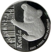 Australia 5 Dollars Koala 2002 P Proof KM# 1868 AUSTRALIAN KOALA 2002 1/20 OZ 9995 PLATINUM P coin reverse Australia 5 Dollars Koala 2002 P Proof KM# 1868 AUSTRALIAN KOALA 2002 1/20 OZ 9995 PLATINUM P coin reverse
