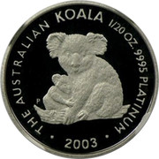Australia 5 Dollars Koala 2003 P Proof KM# 1869 THE AUSTRALIAN KOALA 1/20 OZ. 9995 PLATINUM 2003 coin reverse Australia 5 Dollars Koala 2003 P Proof KM# 1869 THE AUSTRALIAN KOALA 1/20 OZ. 9995 PLATINUM 2003 coin reverse