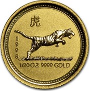 Australia 5 Dollars Lunar Tiger 1998 KM# 568 1998 1/20 OZ 9999 GOLD coin reverse