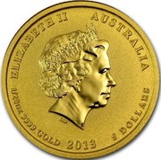 Australia 5 Dollars Year of the Snake 2013 KM# 2088 ELIZABETH II AUSTRALIA 1/20 OZ 9999 GOLD 2013 5 DOLLARS IRB coin obverse Australia 5 Dollars Year of the Snake 2013 KM# 2088 ELIZABETH II AUSTRALIA 1/20 OZ 9999 GOLD 2013 5 DOLLARS IRB coin obverse