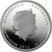 Australia 50 Cents Australian Sea Life - Surgeonfish 2012 KM# 1578 ELIZABETH II AUSTRALIA 1/2 OZ 999 SILVER 2012 50 CENTS IRB coin obverse