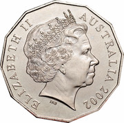 Australia 50 Cents Queen's 50th Anniversary of Accession 2002 KM# 645 ELIZABETH II AUSTRALIA 2002 IRB coin obverse Australia 50 Cents Queen's 50th Anniversary of Accession 2002 KM# 645 ELIZABETH II AUSTRALIA 2002 IRB coin obverse