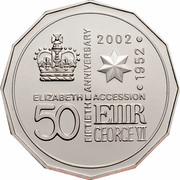 Australia 50 Cents Queen's 50th Anniversary of Accession 2002 KM# 645a ELIZABETH ACCESSION FIFTIETH ANNIVERSARY 1952.2002 50 E II R GEORGE VI coin reverse Australia 50 Cents Queen's 50th Anniversary of Accession 2002 KM# 645a ELIZABETH ACCESSION FIFTIETH ANNIVERSARY 1952.2002 50 E II R GEORGE VI coin reverse