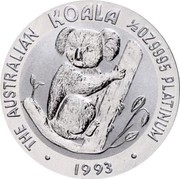 Australia 50 Dollars Koala 1993 KM# 194 1/2OZ 9995 PLATINUM 1993 AUSTRALIAN KOALA coin reverse Australia 50 Dollars Koala 1993 KM# 194 1/2OZ 9995 PLATINUM 1993 AUSTRALIAN KOALA coin reverse