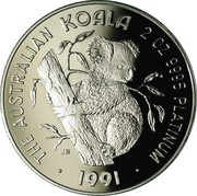 Australia 500 Dollars The Australian Koala 1991 KM# 157 THE AUSTRALIAN KOALA 2 OZ 9995 PLATINUM 1991 P JB coin reverse