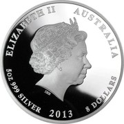 Australia 8 Dollars Year of the Snake 2013 KM# 1994 ELIZABETH II AUSTRALIA 5 OZ 999 SILVER 2013 8 DOLLARS IRB coin obverse Australia 8 Dollars Year of the Snake 2013 KM# 1994 ELIZABETH II AUSTRALIA 5 OZ 999 SILVER 2013 8 DOLLARS IRB coin obverse