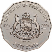 Australia Fifty Cents Centenary of Federation - Tasmania 2001 KM# 565 CENTENARY OF FEDERATION 1901 2001 TASMANIA FIFTY CENTS UBERTAS ET FIDELITAS coin reverse
