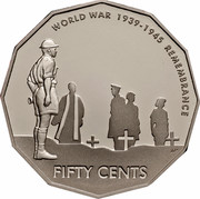 Australia Fifty Cents (World War II Remembrance) KM# 746 WORLD WAR 1939-1945 REMEMBRANCE FIFTY CENTS WP coin reverse Australia Fifty Cents (World War II Remembrance) KM# 746 WORLD WAR 1939-1945 REMEMBRANCE FIFTY CENTS WP coin reverse