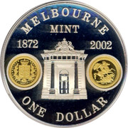 Australia One Dollar Melbourne Mint 2002 KM# 660 MELBOURNE MINT 1872 2002 ONE DOLLAR coin reverse Australia One Dollar Melbourne Mint 2002 KM# 660 MELBOURNE MINT 1872 2002 ONE DOLLAR coin reverse