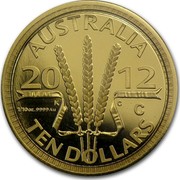 Australia Ten Dollars Wheat Sheaf Dollar 2012 KM# 2019 AUSTRALIA 2012 K C 1/10OZ.9999AU TEN DOLLARS coin reverse Australia Ten Dollars Wheat Sheaf Dollar 2012 KM# 2019 AUSTRALIA 2012 K C 1/10OZ.9999AU TEN DOLLARS coin reverse