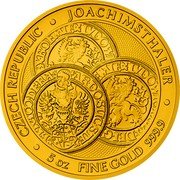 Niue 250 Dollars Thaler 2022 CM Bullion CZECH REPUBLIC JOACHIMSTHALER 5 OZ FINE GOLD 999.9 coin reverse Niue 250 Dollars Thaler 2022 CM Bullion CZECH REPUBLIC JOACHIMSTHALER 5 OZ FINE GOLD 999.9 coin reverse