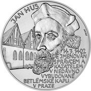 Niue 80 Dollars Jan Hus 2022 CM JAN HUS MW 14. 3. 1402 JE JMENOVÁN SPRÁVCEM A KAZATELEM V NEDÁVNO VYBUDOVANÉ BETLÉMSKÉ KAPLI V PRAZE coin reverse