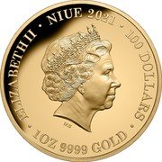 Niue 100 Dollars 95th birthday of the Queen Elizabeth II 2021 ELIZABETH II NIUE 2021 100 DOLLARS 1 OZ 9999 GOLD coin obverse Niue 100 Dollars 95th birthday of the Queen Elizabeth II 2021 ELIZABETH II NIUE 2021 100 DOLLARS 1 OZ 9999 GOLD coin obverse