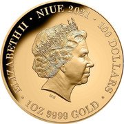 Niue 100 Dollars (Diana) 100 DOLLARS 1 OZ 9999 GOLD 2021 ELIZABETH II NIUE coin obverse Niue 100 Dollars (Diana) 100 DOLLARS 1 OZ 9999 GOLD 2021 ELIZABETH II NIUE coin obverse