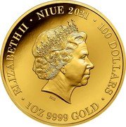 Niue 100 Dollars (Dingo) ELIZABETH II NIUE 2021 100 DOLLARS 1 OZ 9999 GOLD coin obverse Niue 100 Dollars (Dingo) ELIZABETH II NIUE 2021 100 DOLLARS 1 OZ 9999 GOLD coin obverse