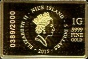 Niue 5 Dollars Seal. Baby Bar 2015 BU + Brillant ELIZABETH II NIUE ISLAND 5 DOLLARS 2015 1 G .9999 FINE GOLD 0389/2000 coin obverse