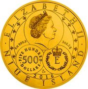 Niue 500 Dollars 100 Ducat of St. Vitus 2016 CM ELIZABETH II AU 999.9 348.5 G FIVE HUNDRED 500 DOLLARS E CM 2016 NIUE ISLAND coin obverse Niue 500 Dollars 100 Ducat of St. Vitus 2016 CM ELIZABETH II AU 999.9 348.5 G FIVE HUNDRED 500 DOLLARS E CM 2016 NIUE ISLAND coin obverse