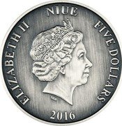 Niue Five Dollars Charles Darwin 2016  Antiqued ELIZABETH II NIUE FIVE DOLLARS IRB 2016 coin obverse Niue Five Dollars Charles Darwin 2016  Antiqued ELIZABETH II NIUE FIVE DOLLARS IRB 2016 coin obverse