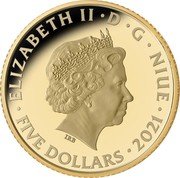 Niue Five Dollars Hans Christian Andersen 2021  ELIZABETH II D G NIUE IRB FIVE DOLLARS 2021 coin obverse Niue Five Dollars Hans Christian Andersen 2021  ELIZABETH II D G NIUE IRB FIVE DOLLARS 2021 coin obverse
