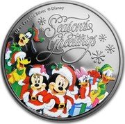 Niue One Dollar (Disney Season's Greetings) 1/2 OZ 999 FINE SILVER © DISNEY SEASON'S GREETINGS coin reverse Niue One Dollar (Disney Season's Greetings) 1/2 OZ 999 FINE SILVER © DISNEY SEASON'S GREETINGS coin reverse