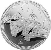 Niue Two Dollars (Millennium Falcon) 1 OZ 999 FINE SILVER © & TM LUCASFILM LTD. NZM coin reverse Niue Two Dollars (Millennium Falcon) 1 OZ 999 FINE SILVER © & TM LUCASFILM LTD. NZM coin reverse
