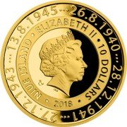 Niue 10 Dollars (KX-B Emergency Landing) 26.8.1940 28.12.1941 27.12.1943 13.8.1945 NIUE ISLAND ELIZABETH II 10 DOLLARS CM IRB 2018 coin obverse