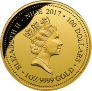 Niue 100 Dollars (Green and Golden Bell Frog) ELIZABETH II NIUE 2017 100 DOLLARS 1OZ 9999 GOLD coin obverse Niue 100 Dollars (Green and Golden Bell Frog) ELIZABETH II NIUE 2017 100 DOLLARS 1OZ 9999 GOLD coin obverse