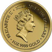 Niue 100 Dollars (Saltwater Crocodile) ELIZABETH II NIUE 2018 100 DOLLARS 1 OZ 9999 GOLD coin obverse